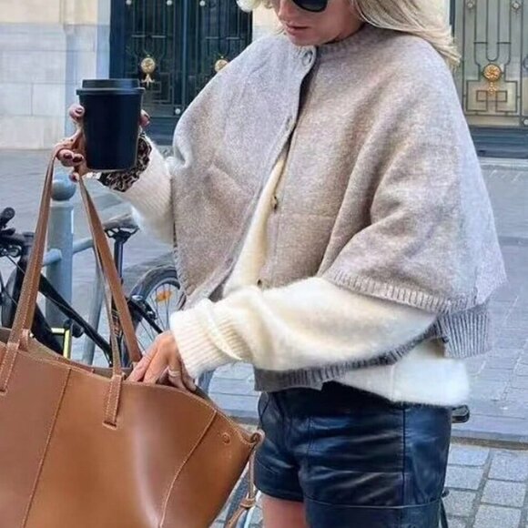 Khaki Casual Women's Buttoned Round Neck Knit Cardigan - Picture 7 of 9